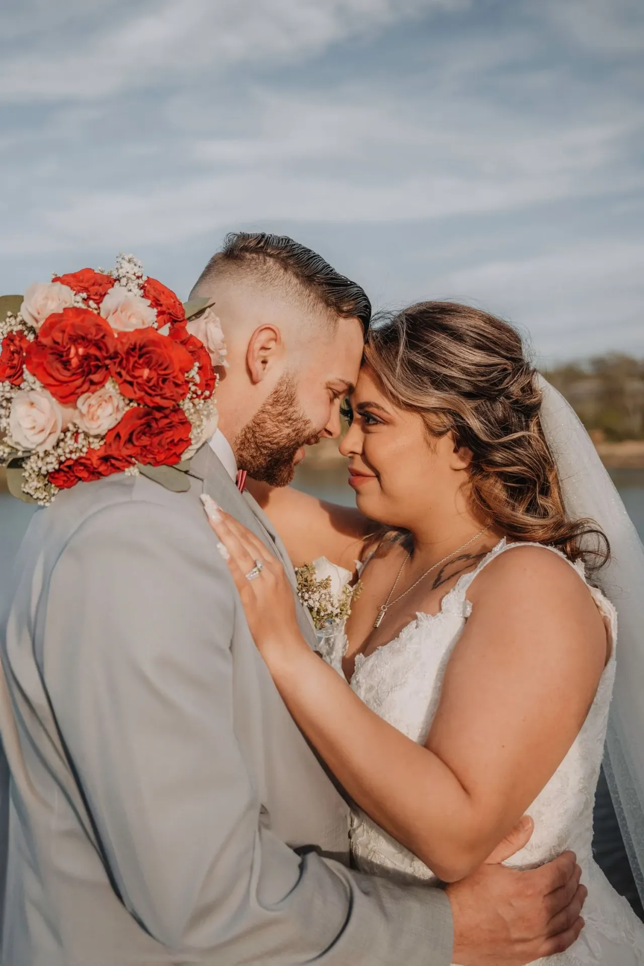 Newlyweds share a quiet moment.